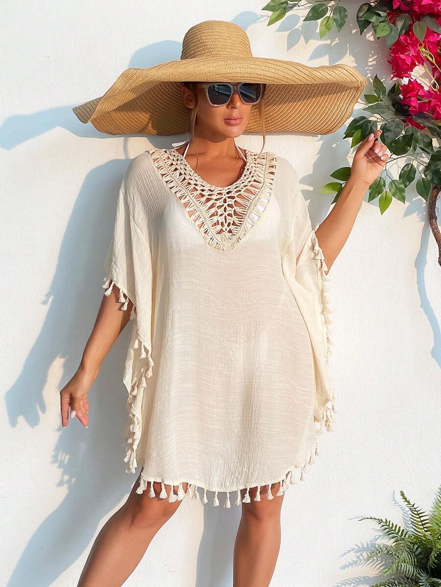 Tassel Trim Cover Up - Beige - View 1