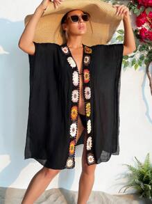 Floral Crochet Detail Kimono - Black - View 1