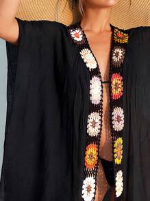 Floral Crochet Detail Kimono - Black - View 3
