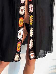 Floral Crochet Detail Kimono - Black - View 4