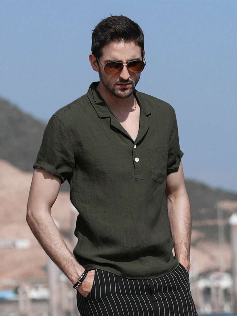 Áo sơ mi Nam Nút phía trước màu trơn Giải trí - xanh quân đội - Xem 1