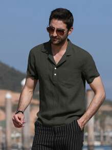 Áo sơ mi Nam Nút phía trước màu trơn Giải trí - xanh quân đội - Xem 4