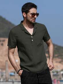 Áo sơ mi Nam Nút phía trước màu trơn Giải trí - xanh quân đội - Xem 5