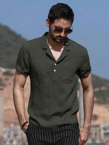 Áo sơ mi Nam Nút phía trước màu trơn Giải trí - xanh quân đội - Xem 6