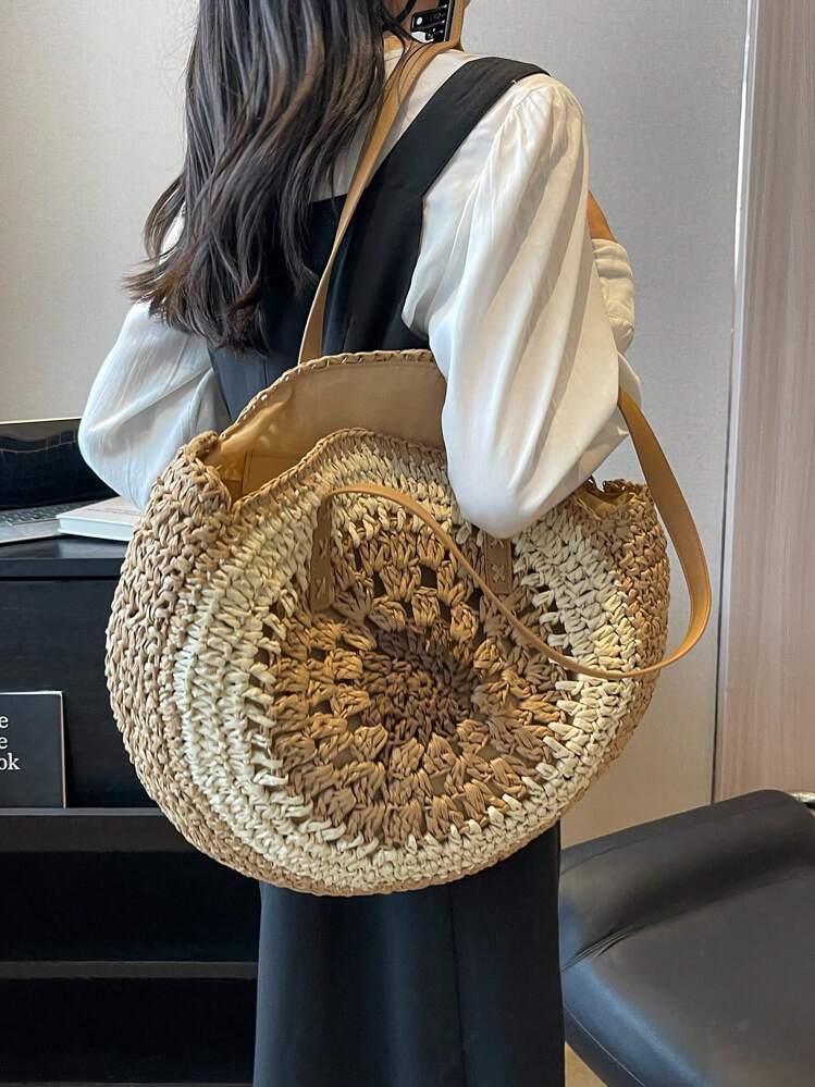 Colorblock Straw Bag Large Capacity Double Handle For Vacation - Multicolor - View 1