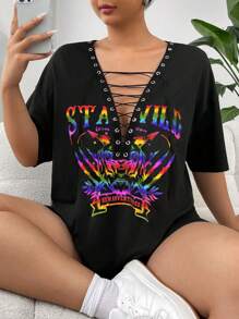 SHEIN Coolane Áo thun Plus size Cắt ra Ren lên Thùa khuyết Lá thư Giải trí - màu đen - Xem 1