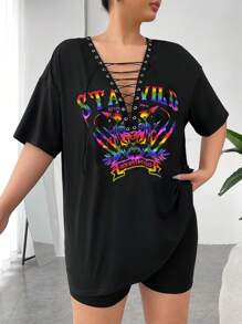 SHEIN Coolane Áo thun Plus size Cắt ra Ren lên Thùa khuyết Lá thư Giải trí - màu đen - Xem 3