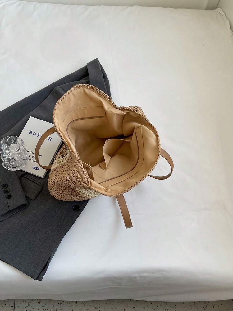 Colorblock Straw Bag Large Capacity Double Handle For Vacation - Multicolor - View 4