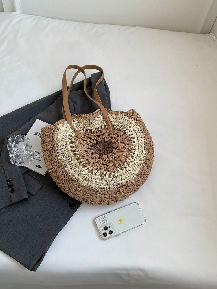 Colorblock Straw Bag Large Capacity Double Handle For Vacation - Multicolor - View 5