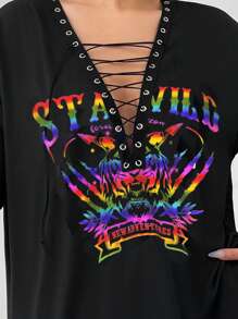 SHEIN Coolane Áo thun Plus size Cắt ra Ren lên Thùa khuyết Lá thư Giải trí - màu đen - Xem 4