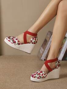 女士花卉圖案交叉編織坡跟宮廷織物度假坡跟鞋