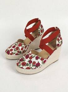 女士花卉圖案交叉編織坡跟宮廷織物度假坡跟鞋