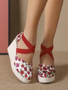 女士花卉圖案交叉編織坡跟宮廷織物度假坡跟鞋