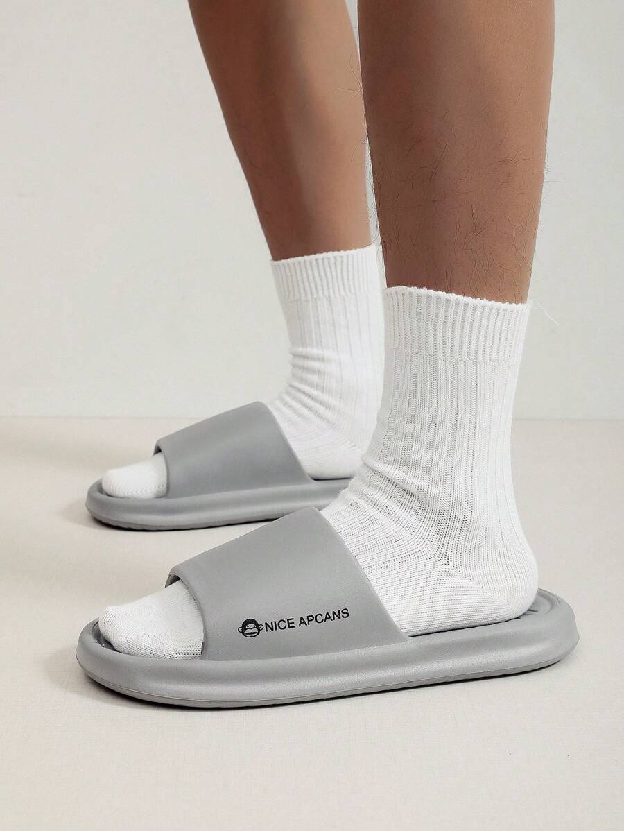 Men Letter Graphic Single Band Slides, Grey Outdoor EVA Slides - Light Grey - View 1