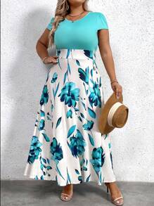 SHEIN Clasi Plus Floral Print A-Line Dress For Summer - Green - View 1