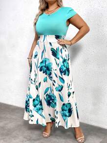 SHEIN Clasi Plus Floral Print A-Line Dress For Summer - Green - View 5