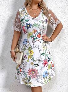 SHEIN LUNE Plus Floral Print Contrast Lace Dress - White - View 6