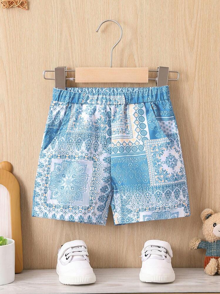 Baby Boy Paisley Scarf Print Shorts - Blue and White - View 1