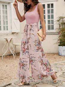 SHEIN VCAY Áo liền quần nữ Thắt lưng Hoa Boho - Hồng - Xem 1