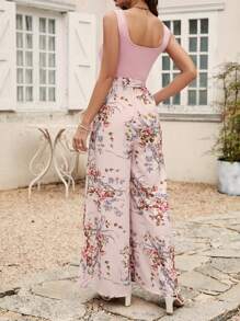 SHEIN VCAY Áo liền quần nữ Thắt lưng Hoa Boho - Hồng - Xem 2