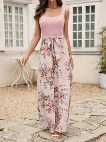 SHEIN VCAY Áo liền quần nữ Thắt lưng Hoa Boho - Hồng - Xem 3