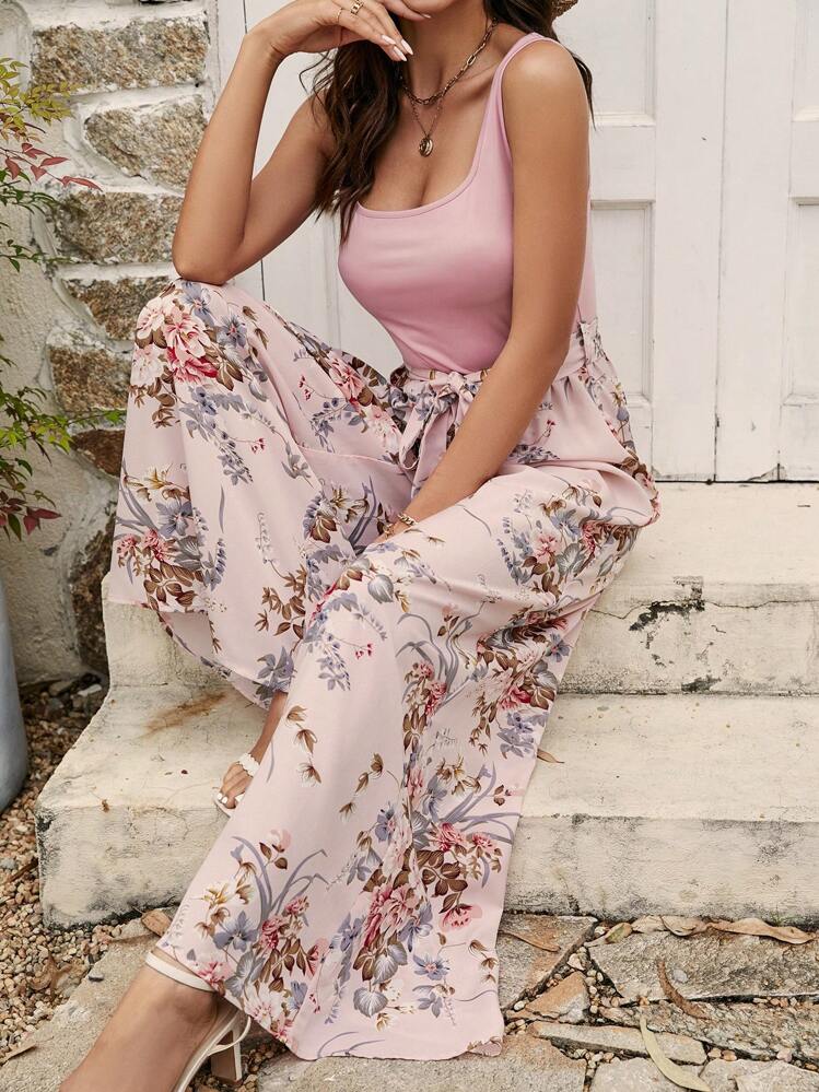 SHEIN VCAY Áo liền quần nữ Thắt lưng Hoa Boho - Hồng - Xem 5