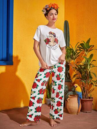 Frida Kahlo X SHEIN 人像圖案T恤和印花長褲睡衣套裝