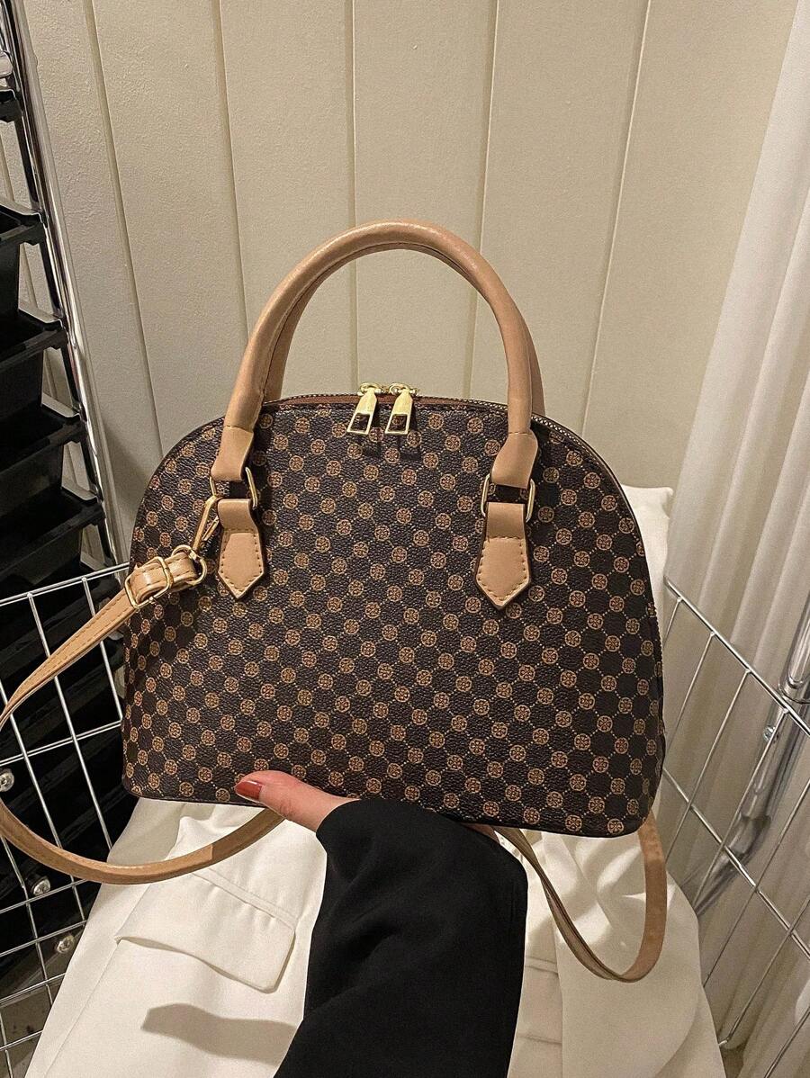 幾何樣式貝殼包雙把手優雅辦公辦公室 - 卡其色 - 查看 1