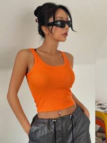 DAZY Chất rắn Crop Tank Top - trái cam - Xem 7