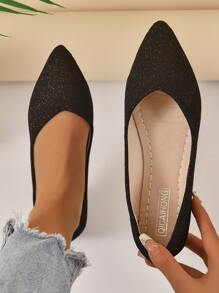 Women Glitter Detail Point Toe Flats, Glamorous Black Ballet Flats For Outdoor - Black - View 1