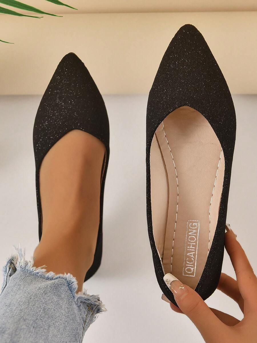 Women Glitter Detail Point Toe Flats, Glamorous Black Ballet Flats For Outdoor - Black - View 1