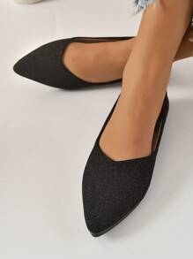 Women Glitter Detail Point Toe Flats, Glamorous Black Ballet Flats For Outdoor - Black - View 2