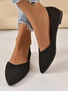Women Glitter Detail Point Toe Flats, Glamorous Black Ballet Flats For Outdoor - Black - View 3