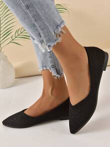Women Glitter Detail Point Toe Flats, Glamorous Black Ballet Flats For Outdoor - Black - View 4