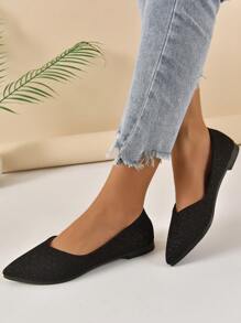 Women Glitter Detail Point Toe Flats, Glamorous Black Ballet Flats For Outdoor - Black - View 5