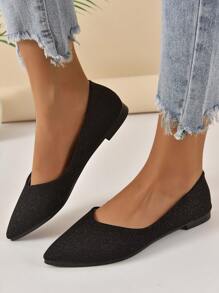Women Glitter Detail Point Toe Flats, Glamorous Black Ballet Flats For Outdoor - Black - View 6