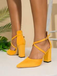 Giày cao gót có dây đeo mắt cá chân tối giản dành cho nữ, Giày cao gót thời trang gót nhọn mũi nhọn bằng da lộn giả - Màu Mù tạt vàng - Xem 2