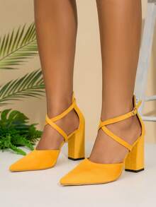 Giày cao gót có dây đeo mắt cá chân tối giản dành cho nữ, Giày cao gót thời trang gót nhọn mũi nhọn bằng da lộn giả - Màu Mù tạt vàng - Xem 4