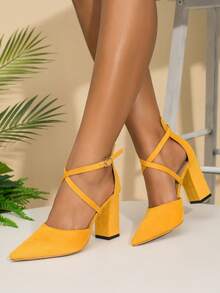 Giày cao gót có dây đeo mắt cá chân tối giản dành cho nữ, Giày cao gót thời trang gót nhọn mũi nhọn bằng da lộn giả - Màu Mù tạt vàng - Xem 5