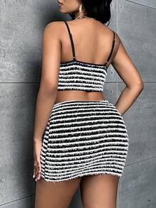 Slaydiva Bộ đồ hai mảnh nữ Tương phản ràng buộc Sọc Gợi cảm - Đen và trắng - Xem 2