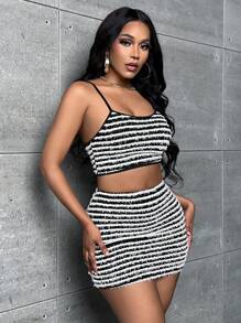 Slaydiva Bộ đồ hai mảnh nữ Tương phản ràng buộc Sọc Gợi cảm - Đen và trắng - Xem 3