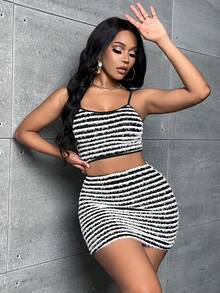 Slaydiva Bộ đồ hai mảnh nữ Tương phản ràng buộc Sọc Gợi cảm - Đen và trắng - Xem 4