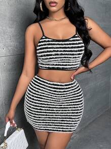 Slaydiva Bộ đồ hai mảnh nữ Tương phản ràng buộc Sọc Gợi cảm - Đen và trắng - Xem 1