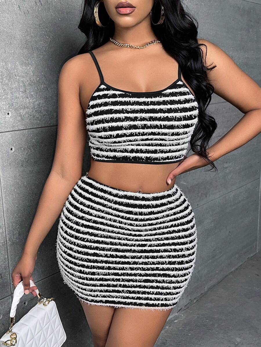 Slaydiva Bộ đồ hai mảnh nữ Tương phản ràng buộc Sọc Gợi cảm - Đen và trắng - Xem 1
