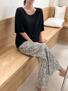 DAZY Ditsy Floral Print Lounge Set Pajama - Black - View 8