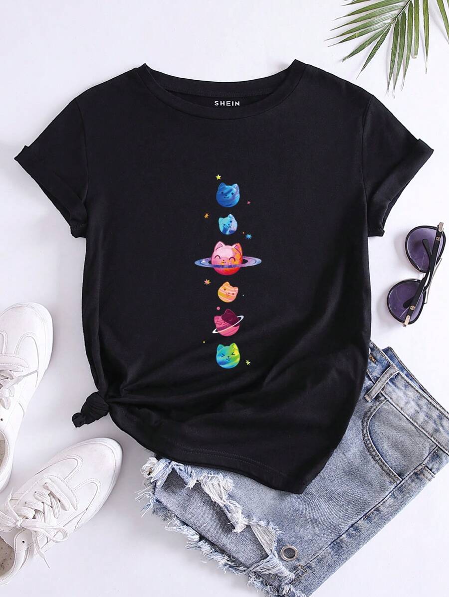 INAWLY Cartoon Graphic Tee - Black - View 1