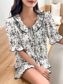DAZY Set homewear con estampado floral ribete con fruncido de manga con volante - Blanco y Negro - Ver 8