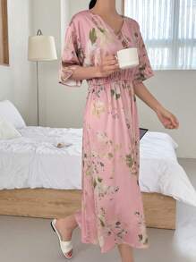 DAZY Floral Print V Neck Nightgown - Pink - View 3