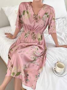DAZY Floral Print V Neck Nightgown - Pink - View 4