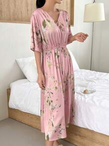 DAZY Floral Print V Neck Nightgown - Pink - View 5